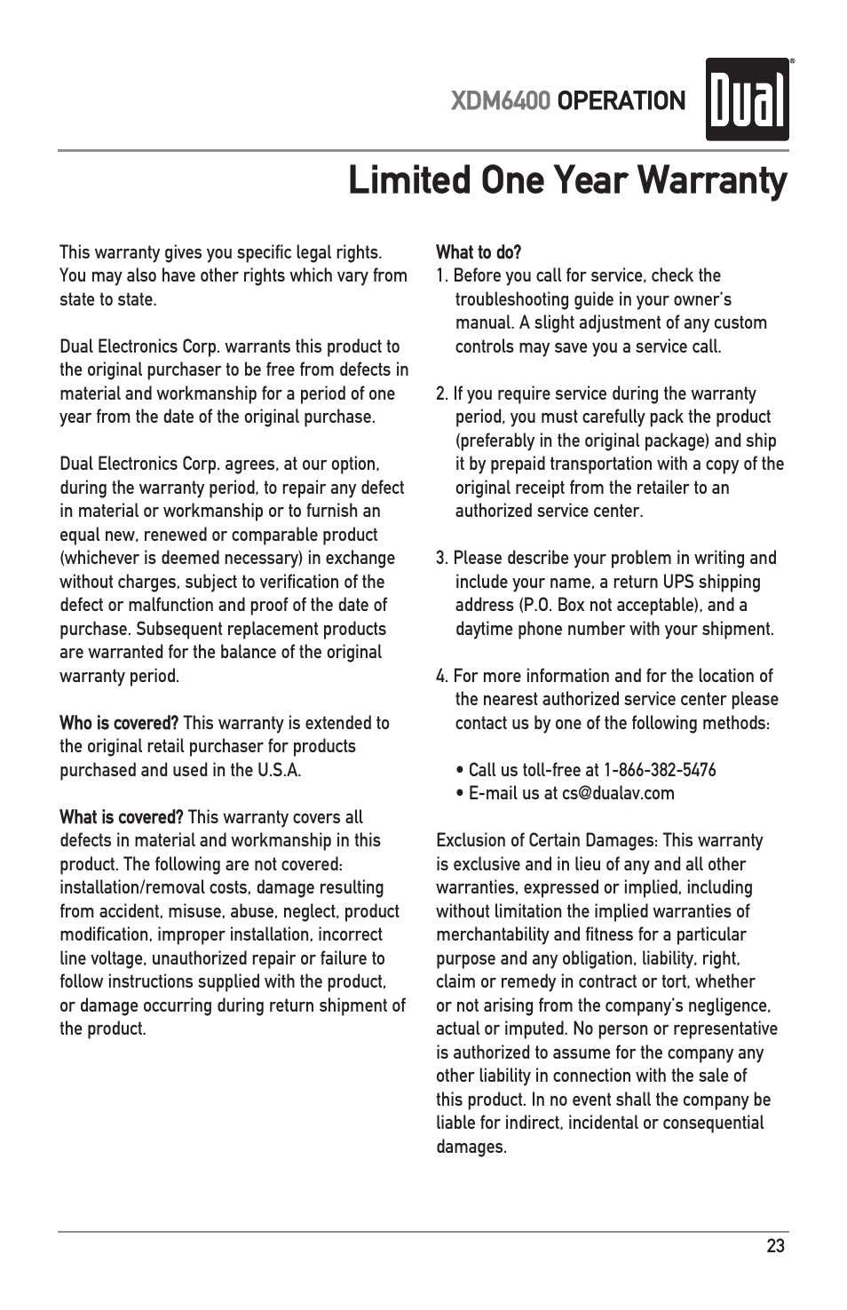 Limited one year warranty, Xdm6400 operation | Dual Electronics XDM6400 User Manual | Page 23 / 28