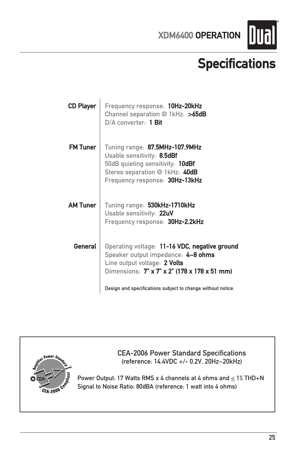 Specifications, Xdm6400 operation | Dual Electronics XDM6400 User Manual | Page 25 / 28