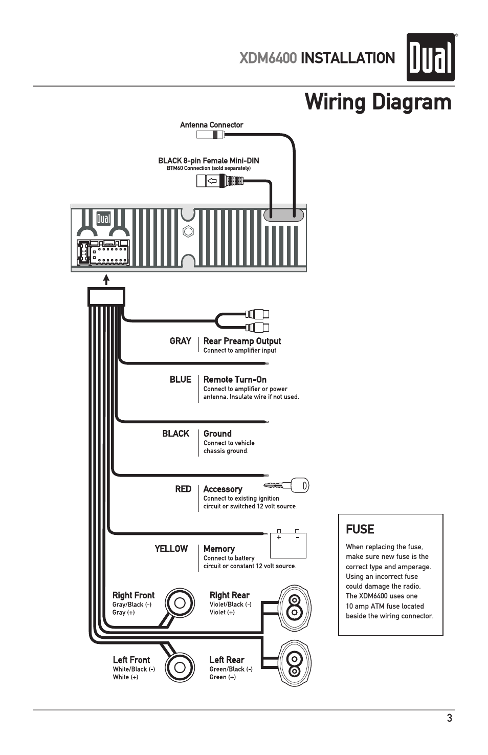Wiring diagram, Xdm6400 installation | Dual Electronics XDM6400 User Manual | Page 3 / 28