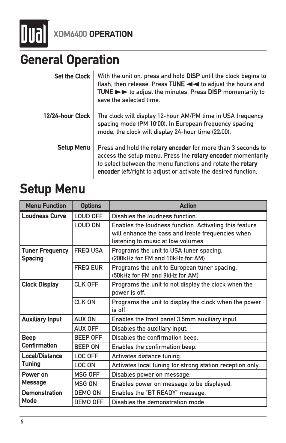 General operation setup menu, Xdm6400 operation | Dual Electronics XDM6400 User Manual | Page 6 / 28