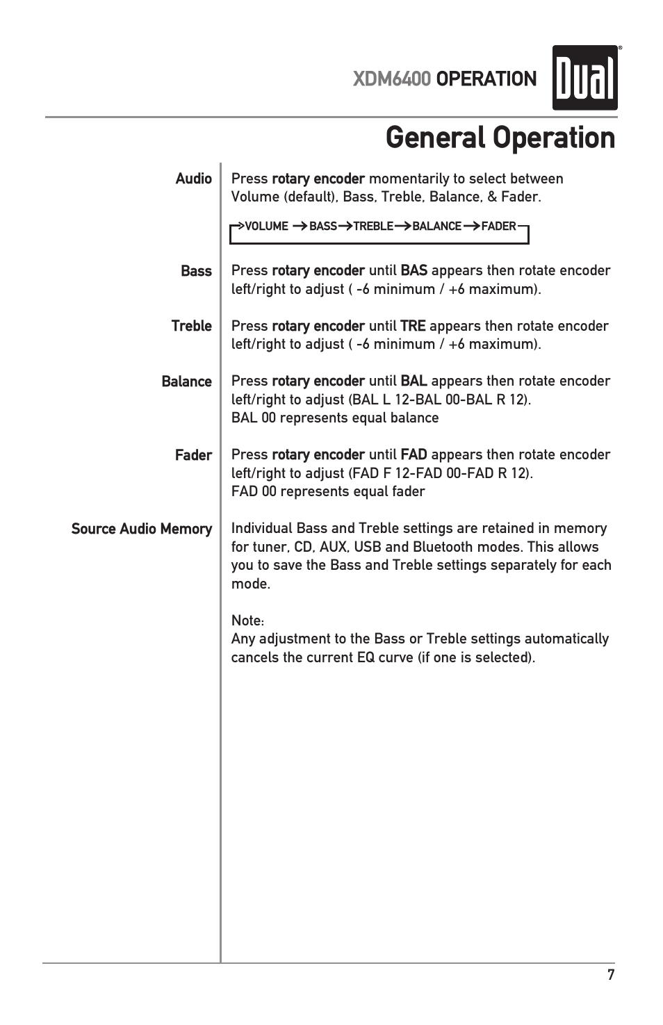General operation, Xdm6400 operation | Dual Electronics XDM6400 User Manual | Page 7 / 28