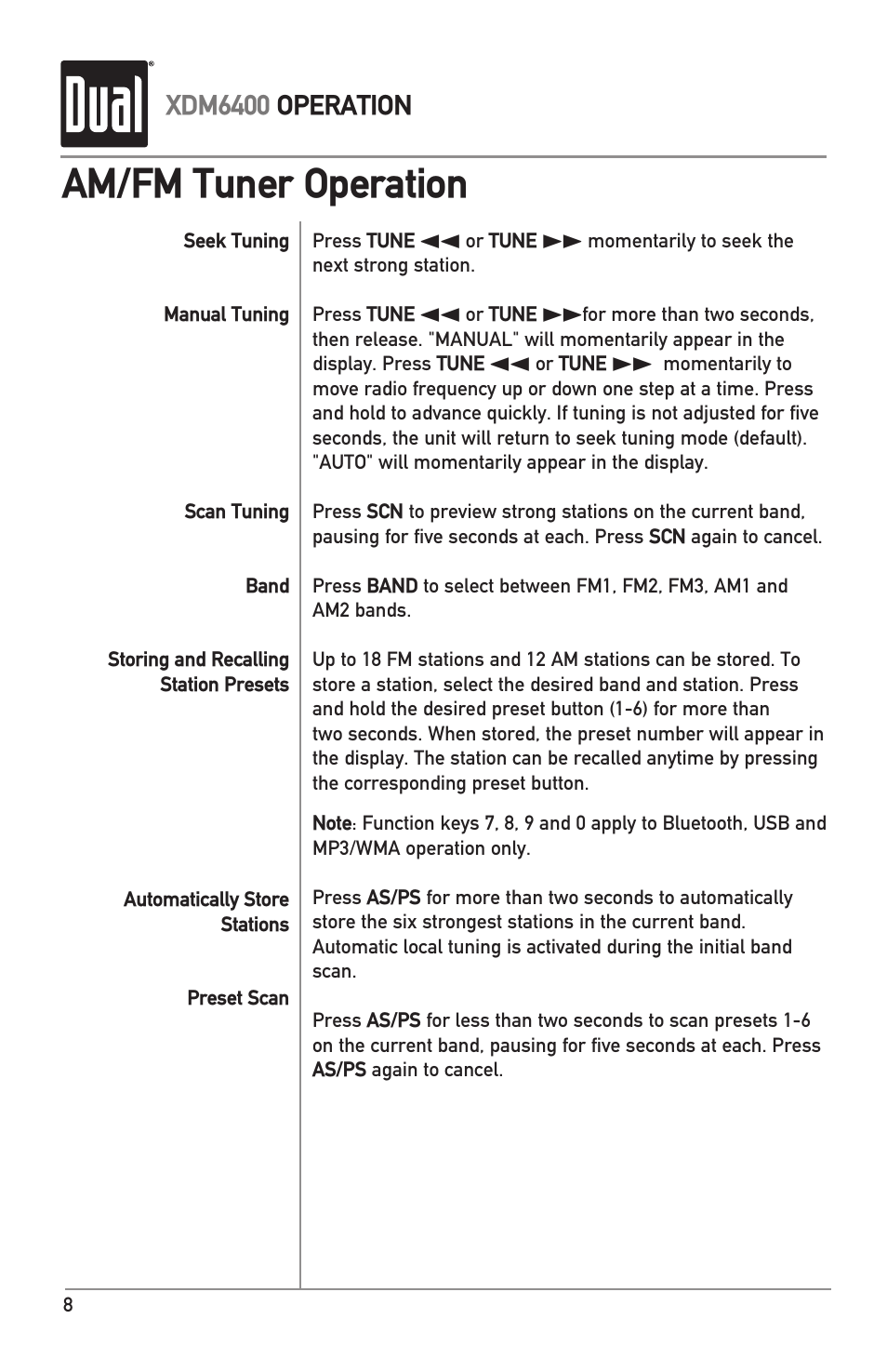 Am/fm tuner operation | Dual Electronics XDM6400 User Manual | Page 8 / 28