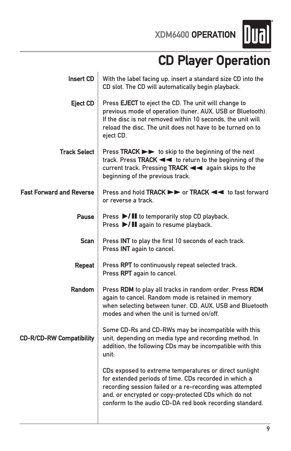 Cd player operation | Dual Electronics XDM6400 User Manual | Page 9 / 28