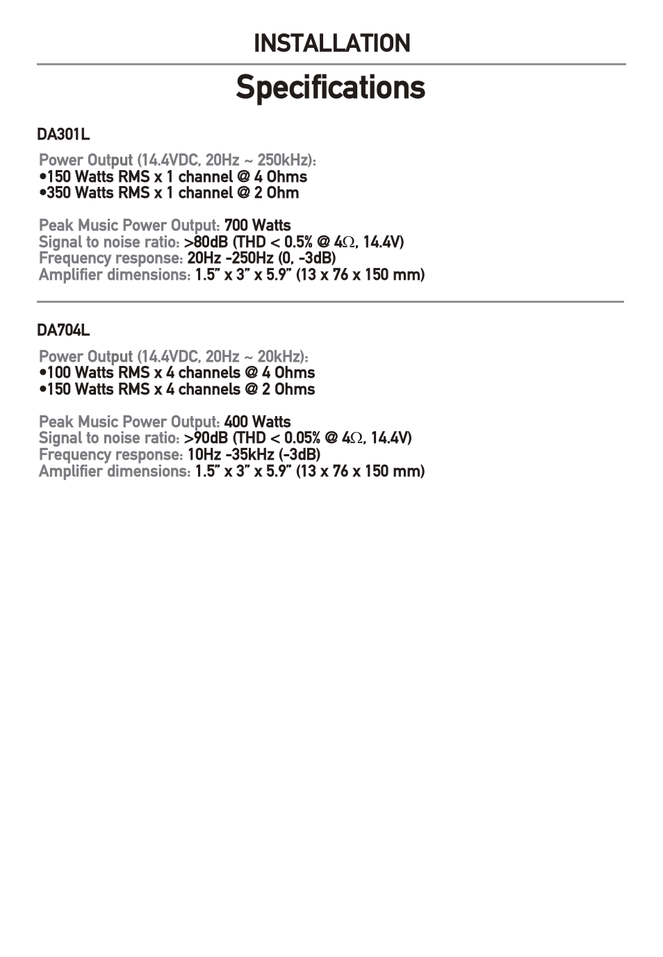 Specifications, Installation | Dual Electronics DA704L User Manual | Page 10 / 12