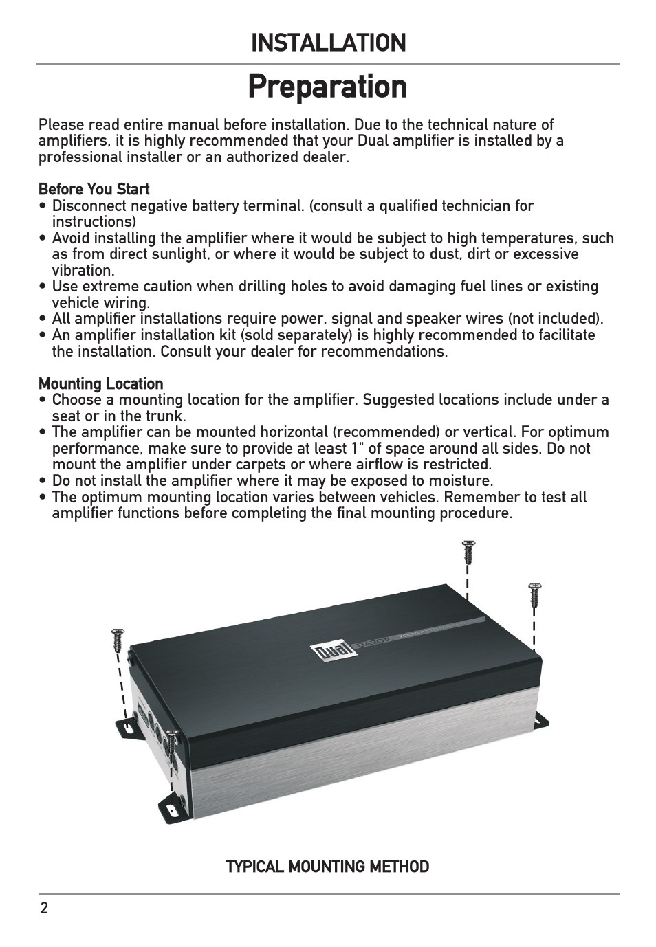 Preparation, Installation | Dual Electronics DA704L User Manual | Page 2 / 12
