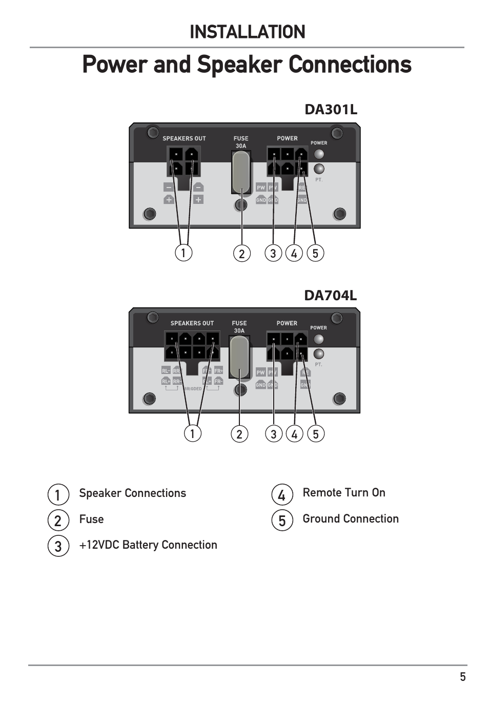 Power and speaker connections, Installation | Dual Electronics DA704L User Manual | Page 5 / 12