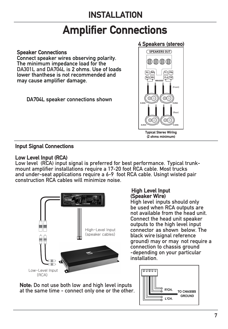 Amplifier connections, Installation | Dual Electronics DA704L User Manual | Page 7 / 12