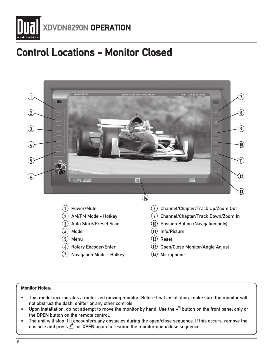 Control locations - monitor closed, Xdvdn8290n operation | Dual Electronics XDVDN8290N User Manual | Page 10 / 88