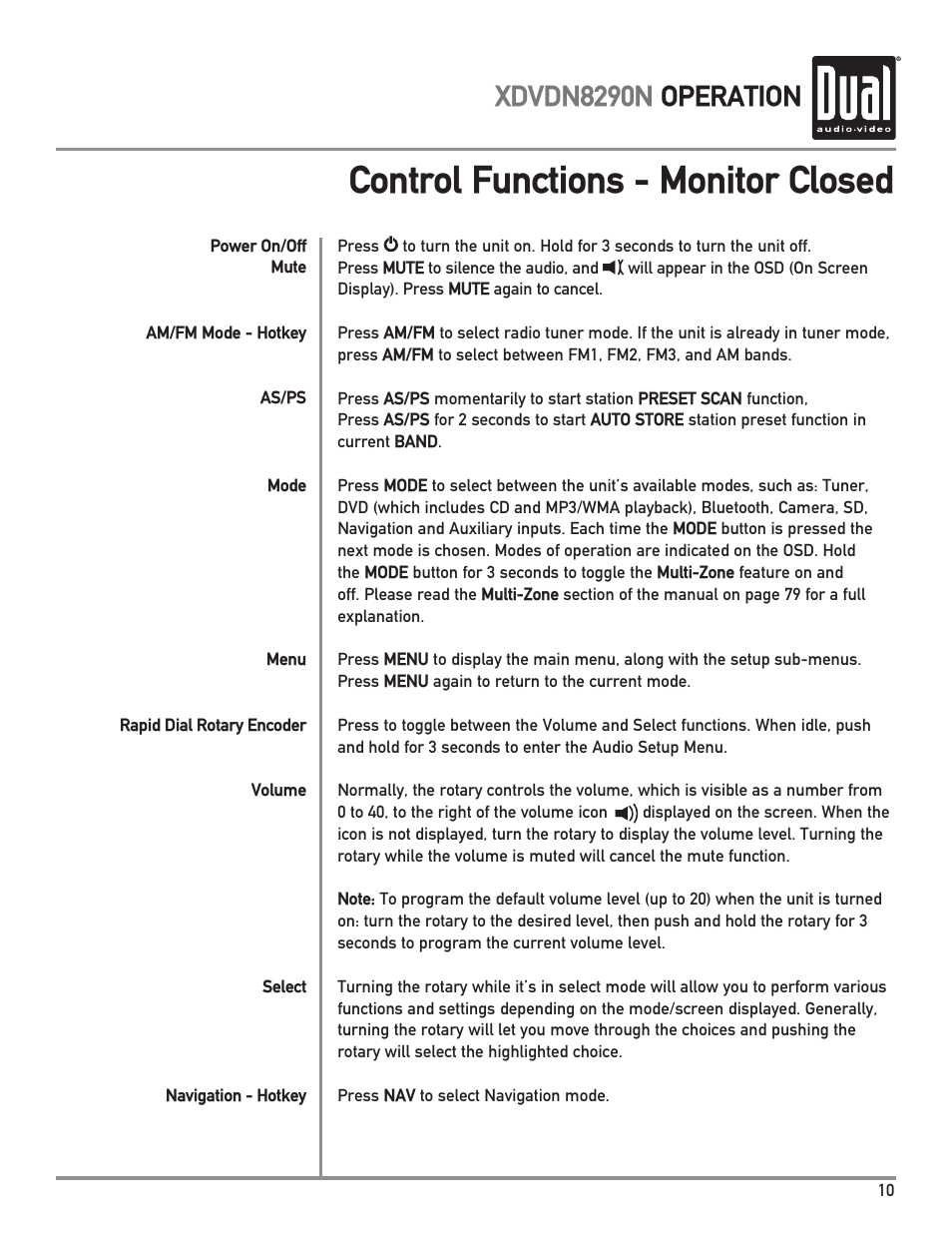 Control functions - monitor closed, Xdvdn8290n operation | Dual Electronics XDVDN8290N User Manual | Page 11 / 88