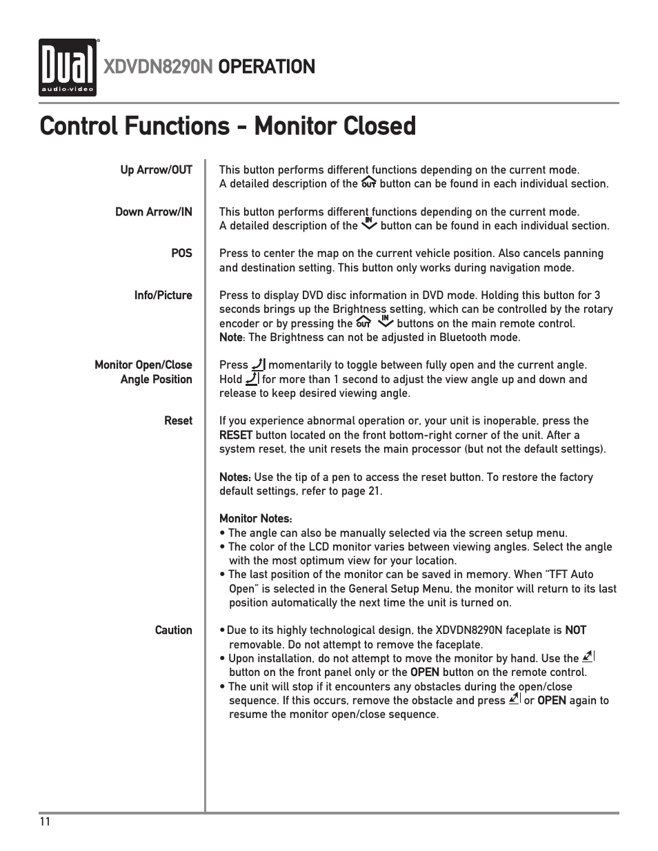 Control functions - monitor closed, Xdvdn8290n operation | Dual Electronics XDVDN8290N User Manual | Page 12 / 88