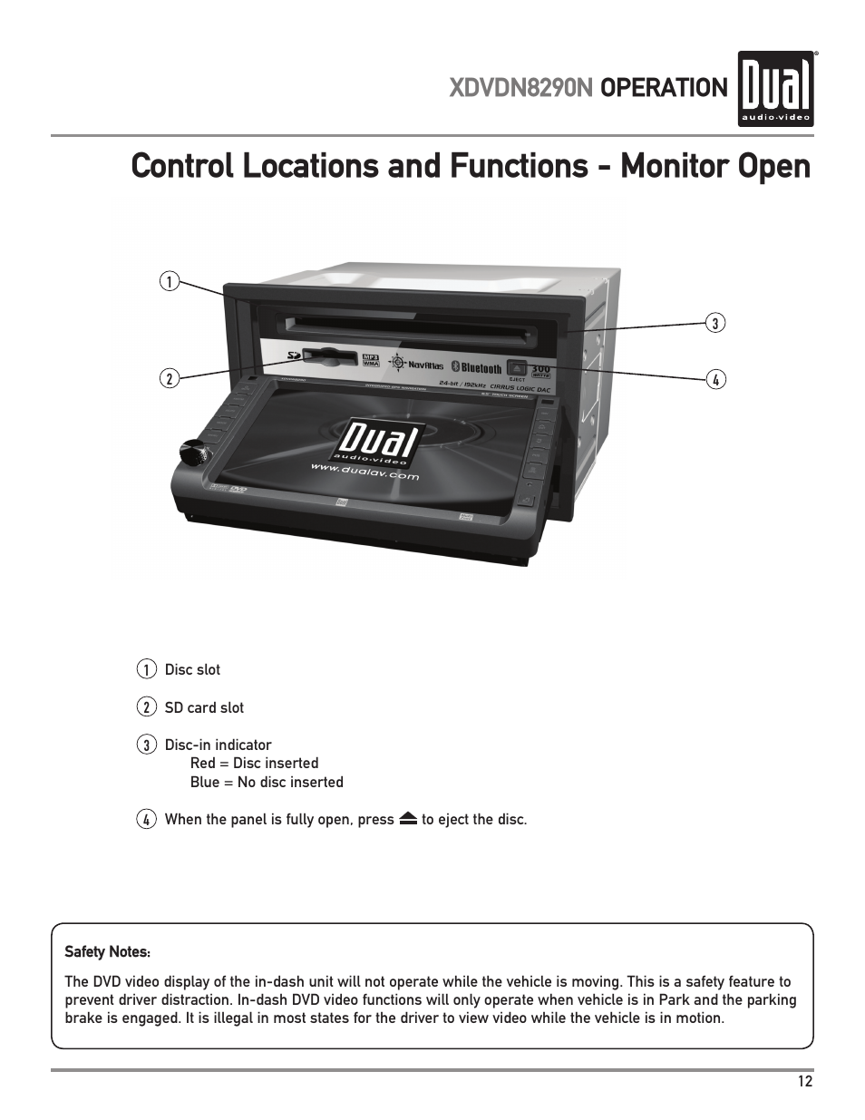 Control locations and functions - monitor open, Xdvdn8290n operation | Dual Electronics XDVDN8290N User Manual | Page 13 / 88
