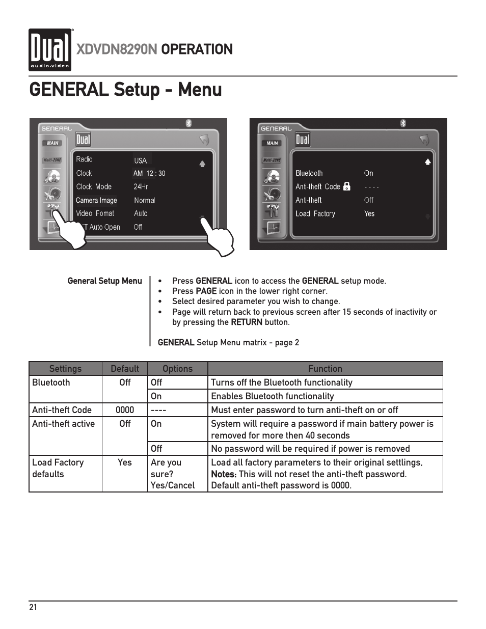 General setup - menu, Xdvdn8290n operation | Dual Electronics XDVDN8290N User Manual | Page 22 / 88