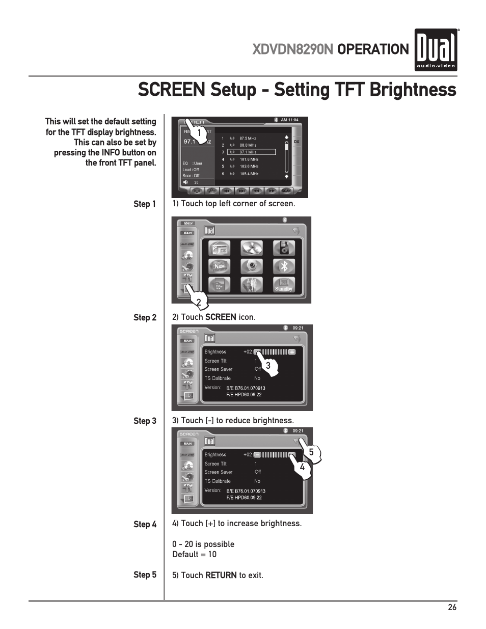 Screen setup - setting tft brightness | Dual Electronics XDVDN8290N User Manual | Page 27 / 88
