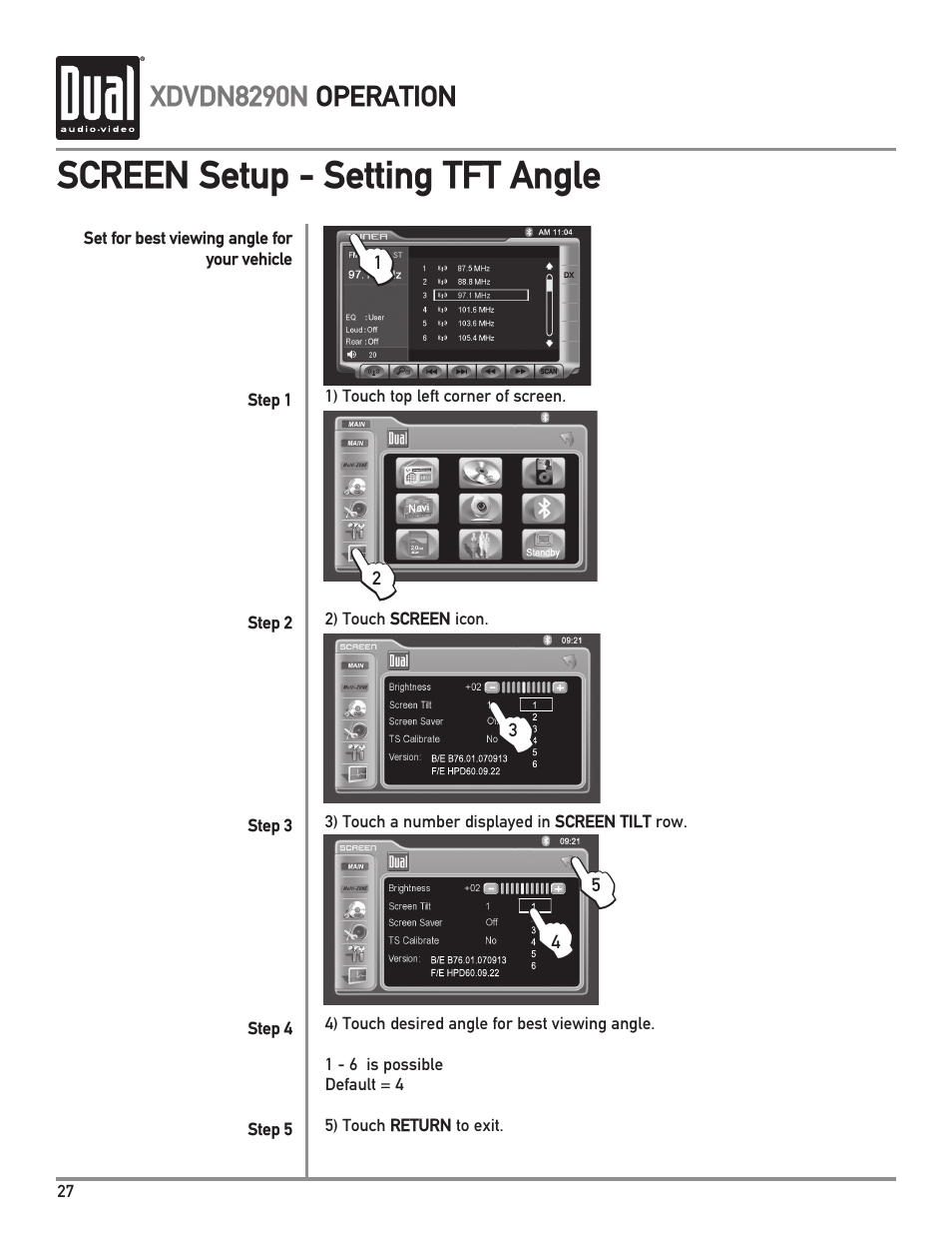 Screen setup - setting tft angle | Dual Electronics XDVDN8290N User Manual | Page 28 / 88