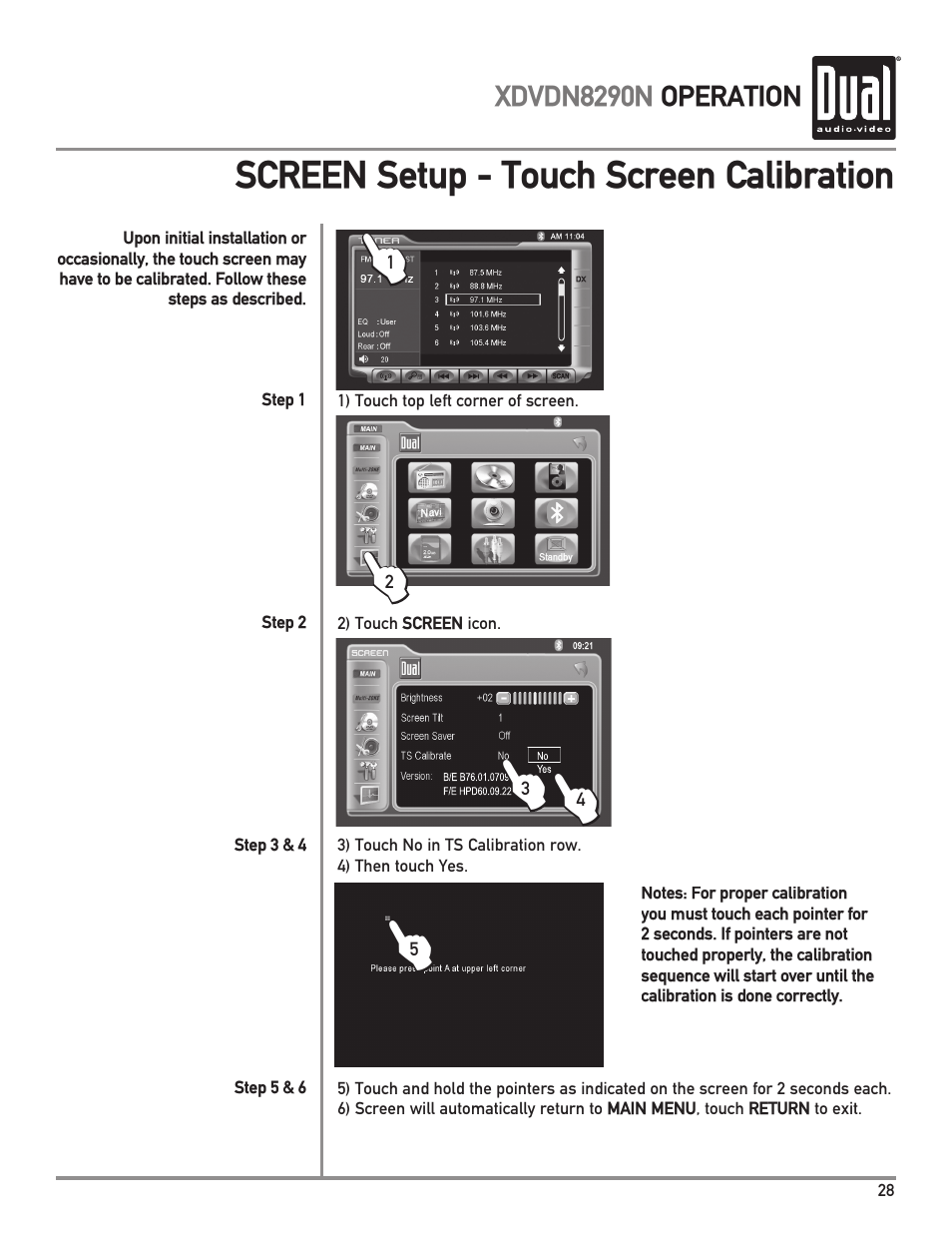 Screen setup - touch screen calibration | Dual Electronics XDVDN8290N User Manual | Page 29 / 88
