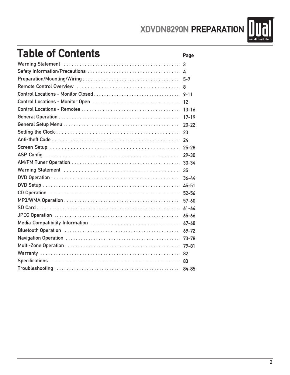 Dual Electronics XDVDN8290N User Manual | Page 3 / 88