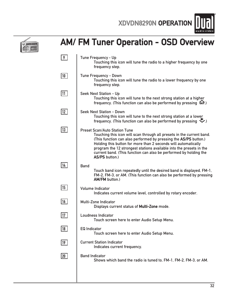 Am/ fm tuner operation - osd overview, Xdvdn8290n operation | Dual Electronics XDVDN8290N User Manual | Page 33 / 88