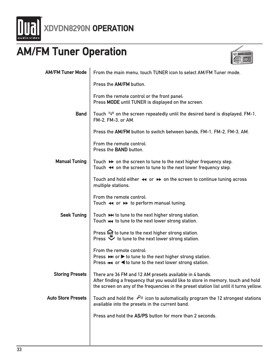 Am/fm tuner operation, Xdvdn8290n operation | Dual Electronics XDVDN8290N User Manual | Page 34 / 88