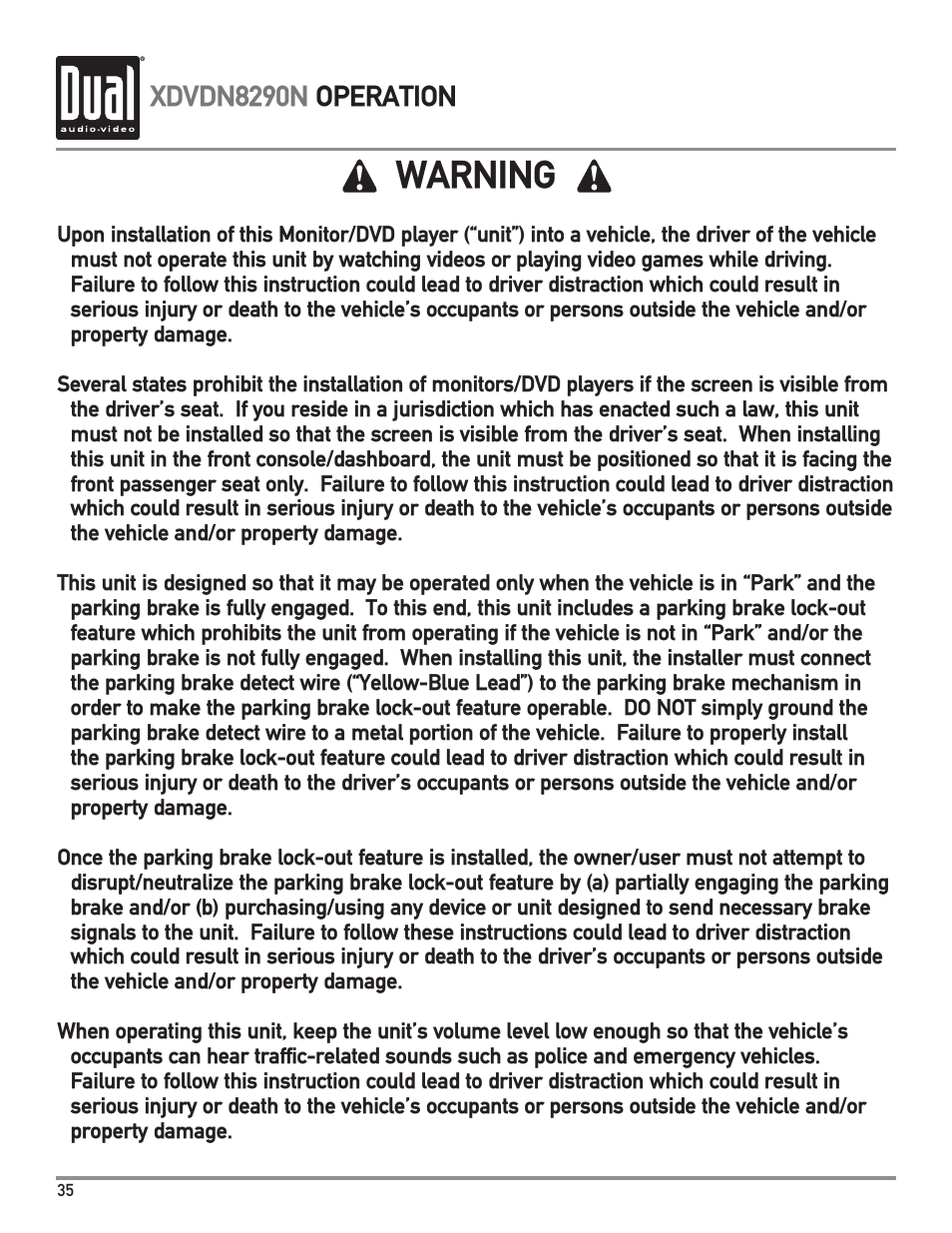 Warning, Xdvdn8290n operation | Dual Electronics XDVDN8290N User Manual | Page 36 / 88