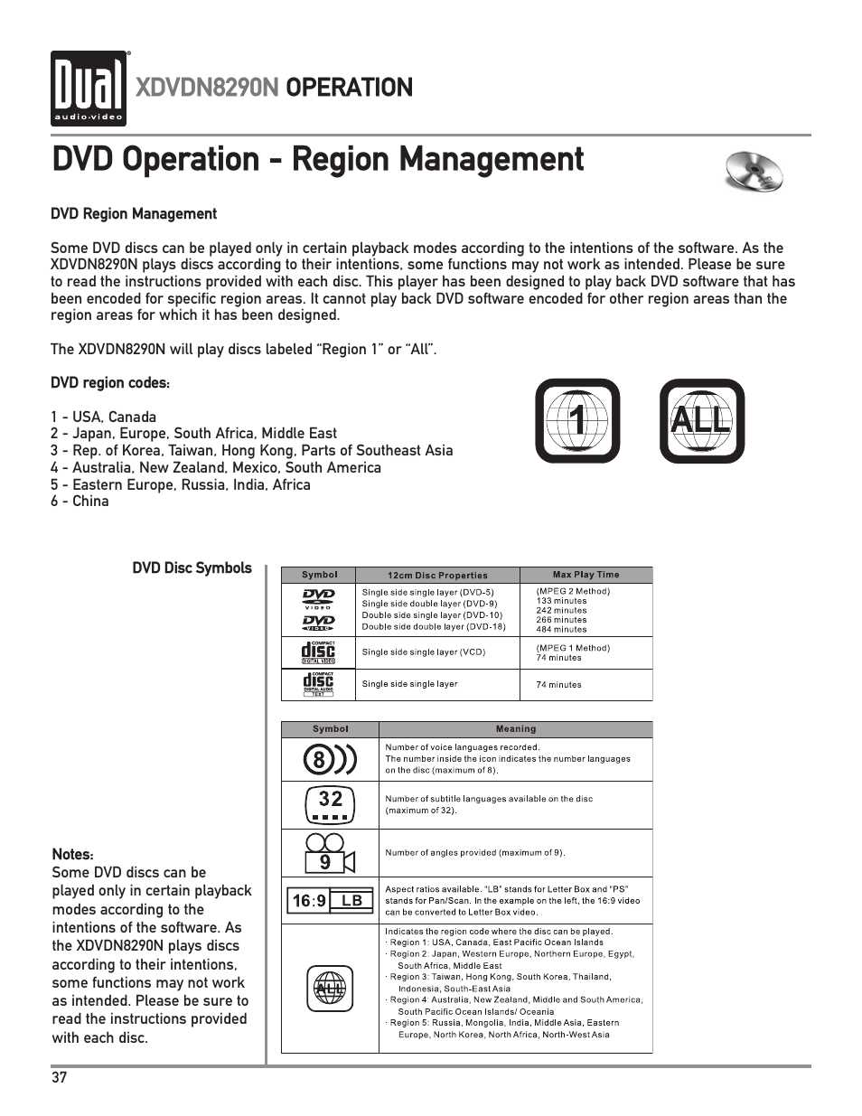 Dvd operation - region management, Xdvdn8290n operation | Dual Electronics XDVDN8290N User Manual | Page 38 / 88
