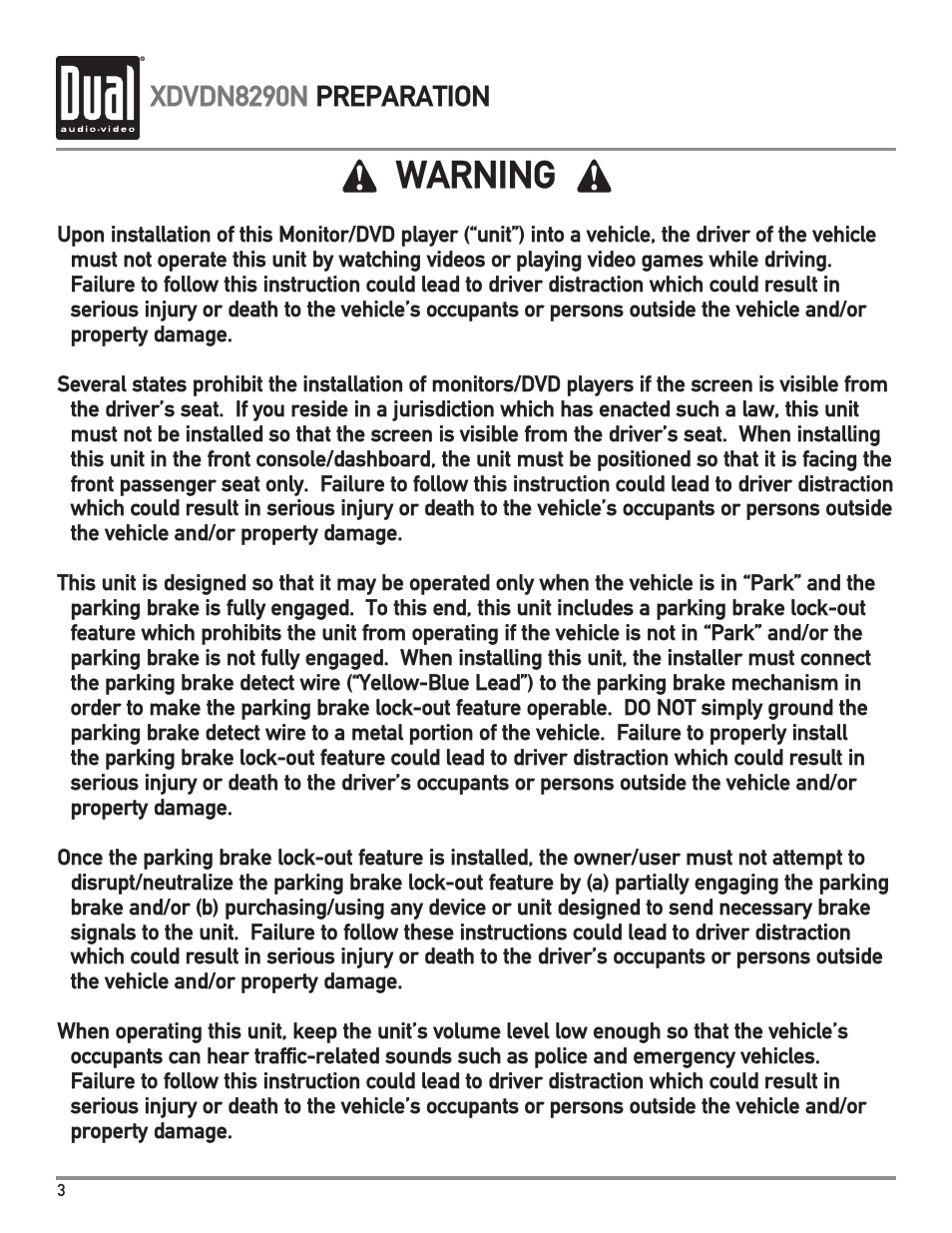 Warning, Xdvdn8290n preparation | Dual Electronics XDVDN8290N User Manual | Page 4 / 88