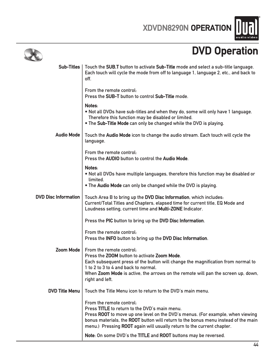 Dvd operation, Xdvdn8290n operation | Dual Electronics XDVDN8290N User Manual | Page 45 / 88