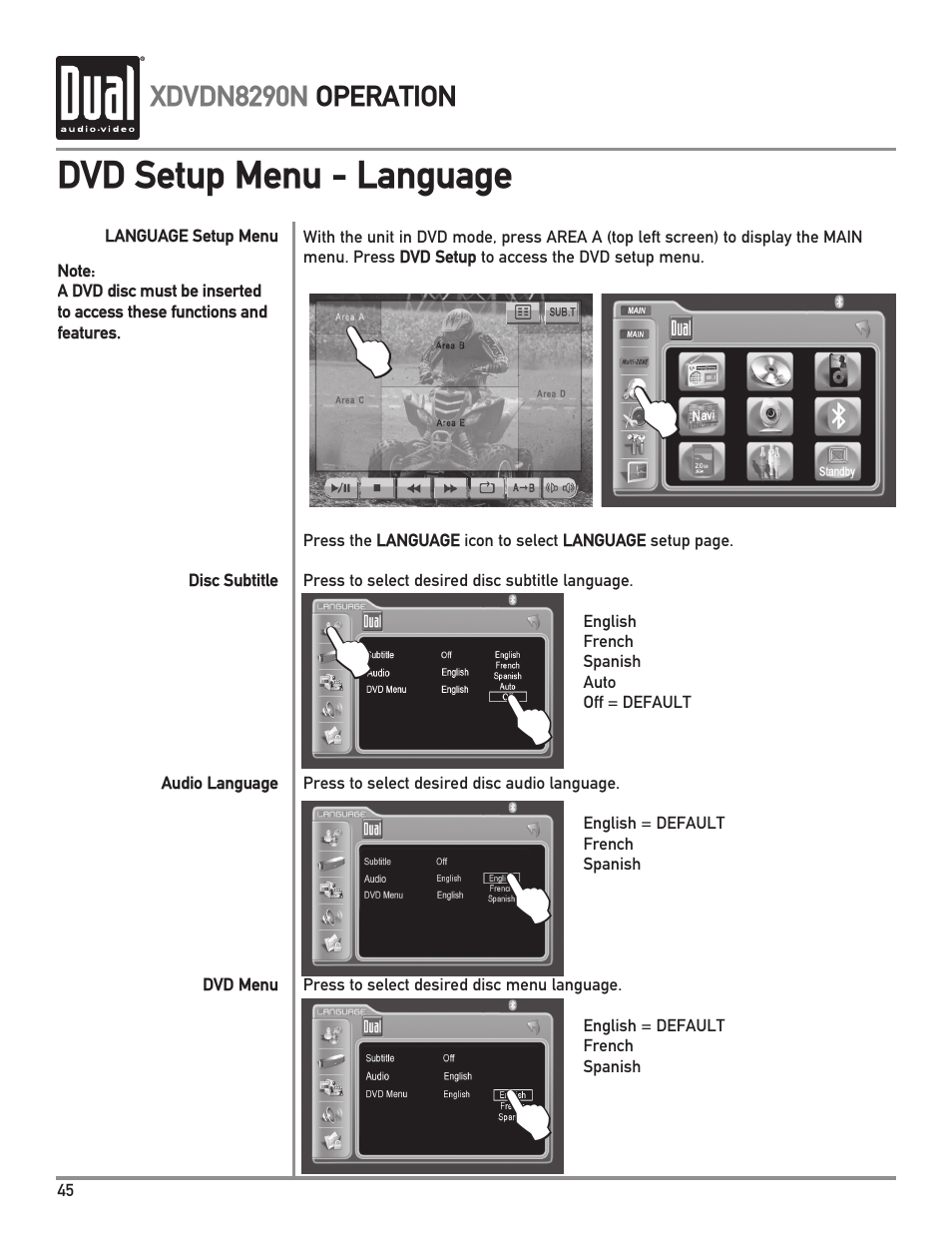 Dvd setup menu - language, Xdvdn8290n operation | Dual Electronics XDVDN8290N User Manual | Page 46 / 88