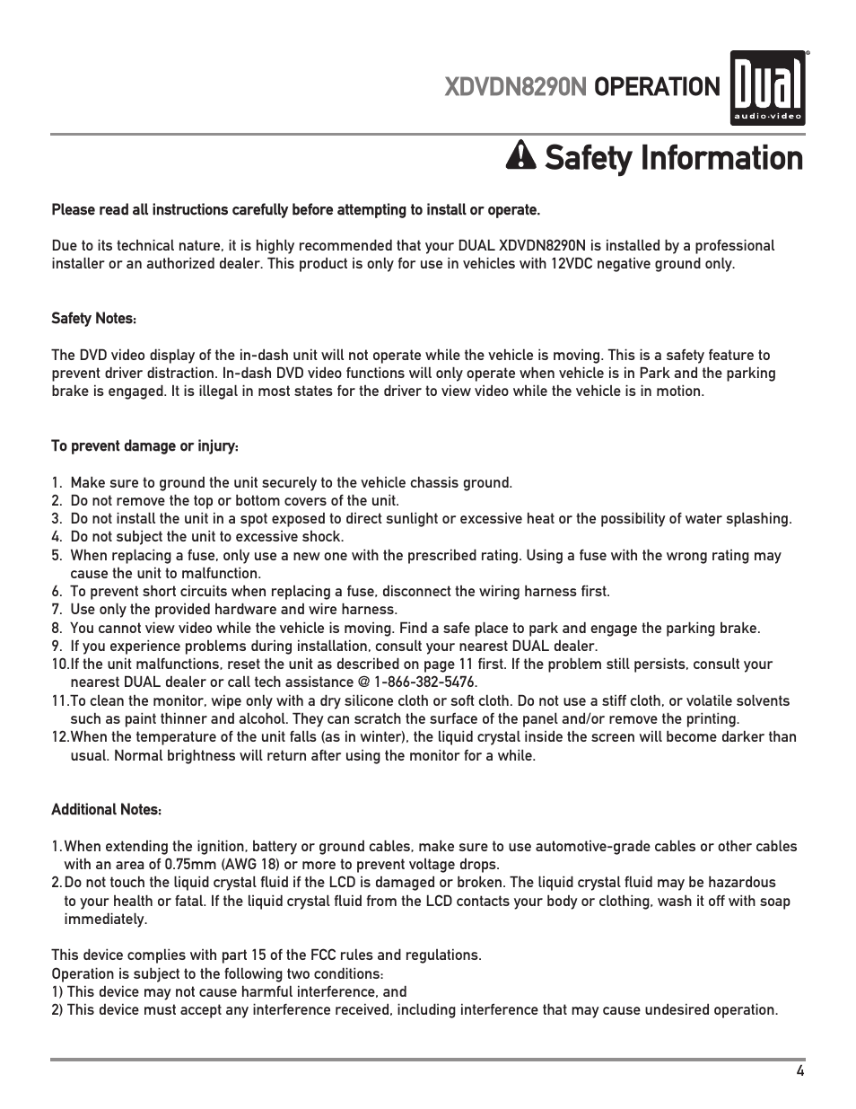 Safety information, Xdvdn8290n operation | Dual Electronics XDVDN8290N User Manual | Page 5 / 88