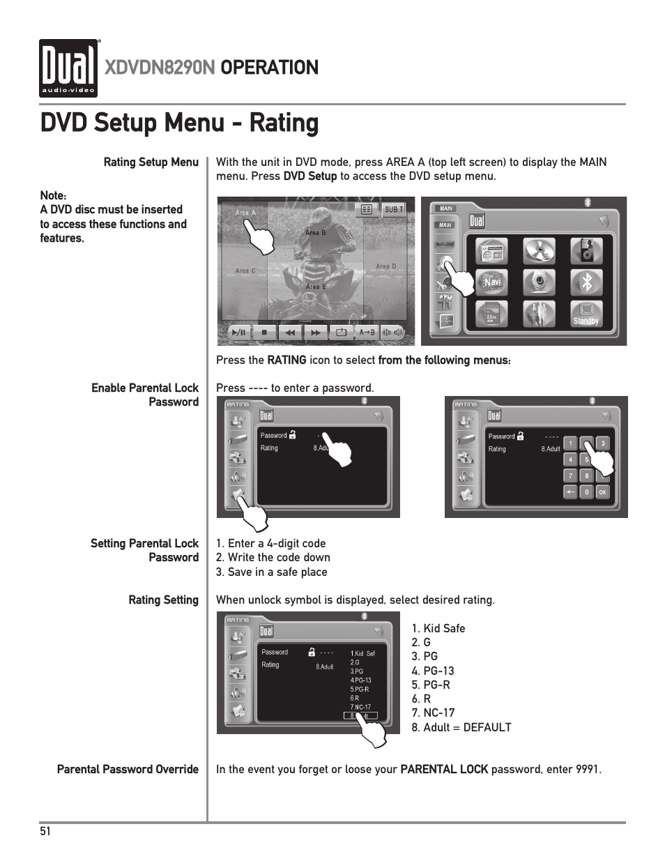 Dvd setup menu - rating, Xdvdn8290n operation | Dual Electronics XDVDN8290N User Manual | Page 52 / 88