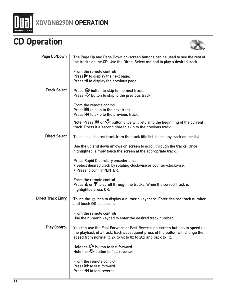 Cd operation, Xdvdn8290n operation | Dual Electronics XDVDN8290N User Manual | Page 56 / 88