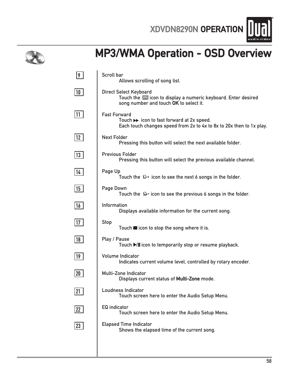 Mp3/wma operation - osd overview, Xdvdn8290n operation | Dual Electronics XDVDN8290N User Manual | Page 59 / 88