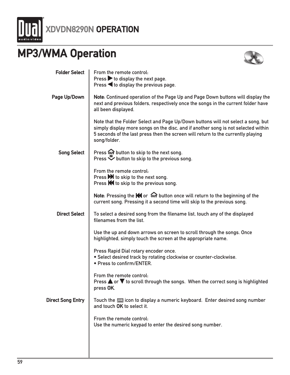 Mp3/wma operation, Xdvdn8290n operation | Dual Electronics XDVDN8290N User Manual | Page 60 / 88