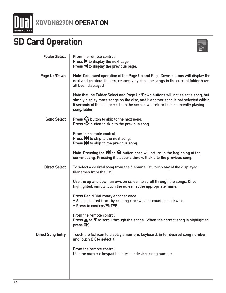 Sd card operation, Xdvdn8290n operation | Dual Electronics XDVDN8290N User Manual | Page 64 / 88