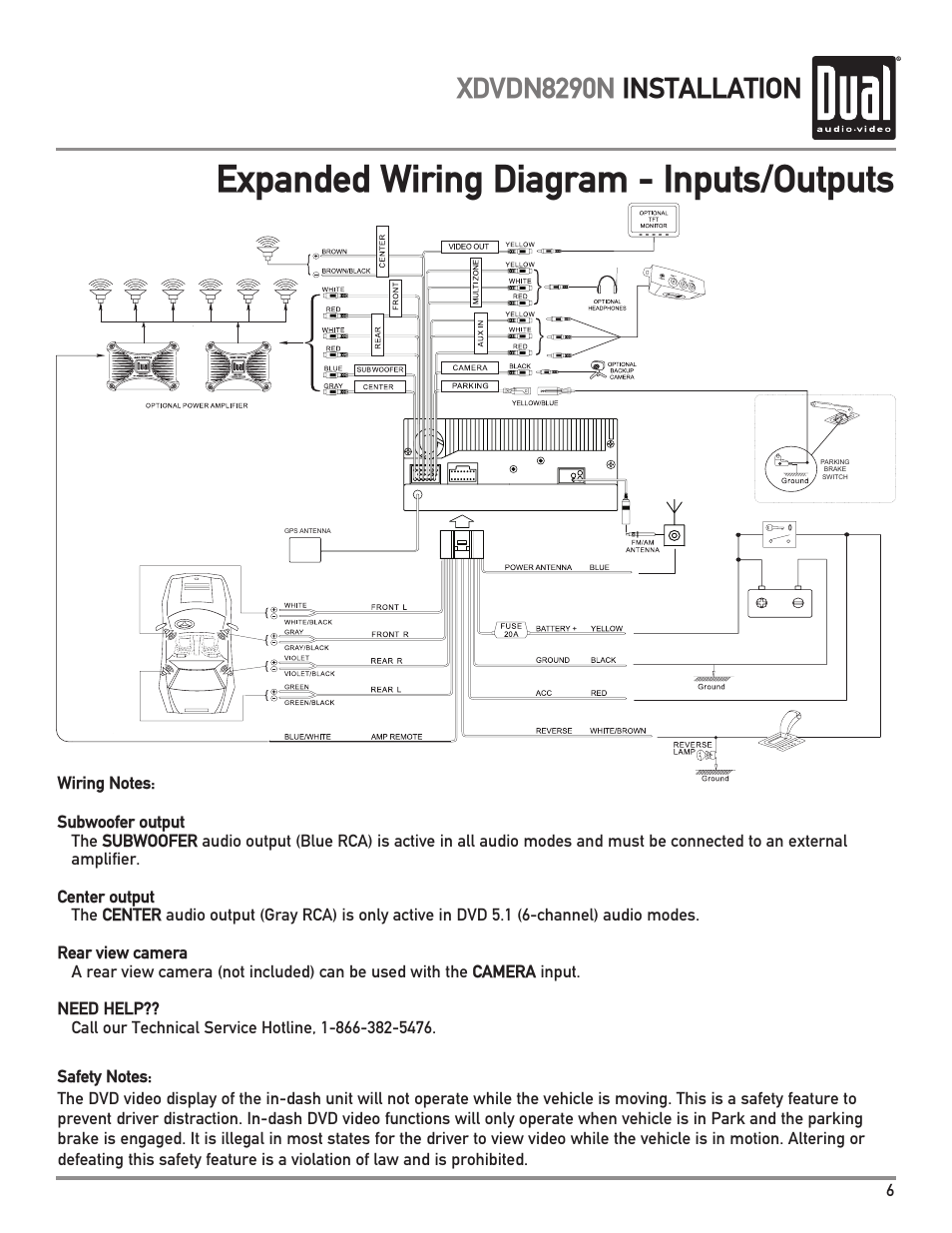 Expanded wiring diagram - inputs/outputs, Xdvdn8290n installation | Dual Electronics XDVDN8290N User Manual | Page 7 / 88