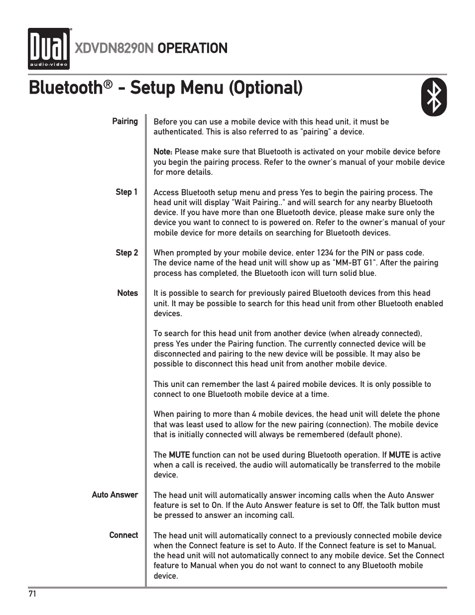 Bluetooth, Setup menu (optional), Xdvdn8290n operation | Dual Electronics XDVDN8290N User Manual | Page 72 / 88