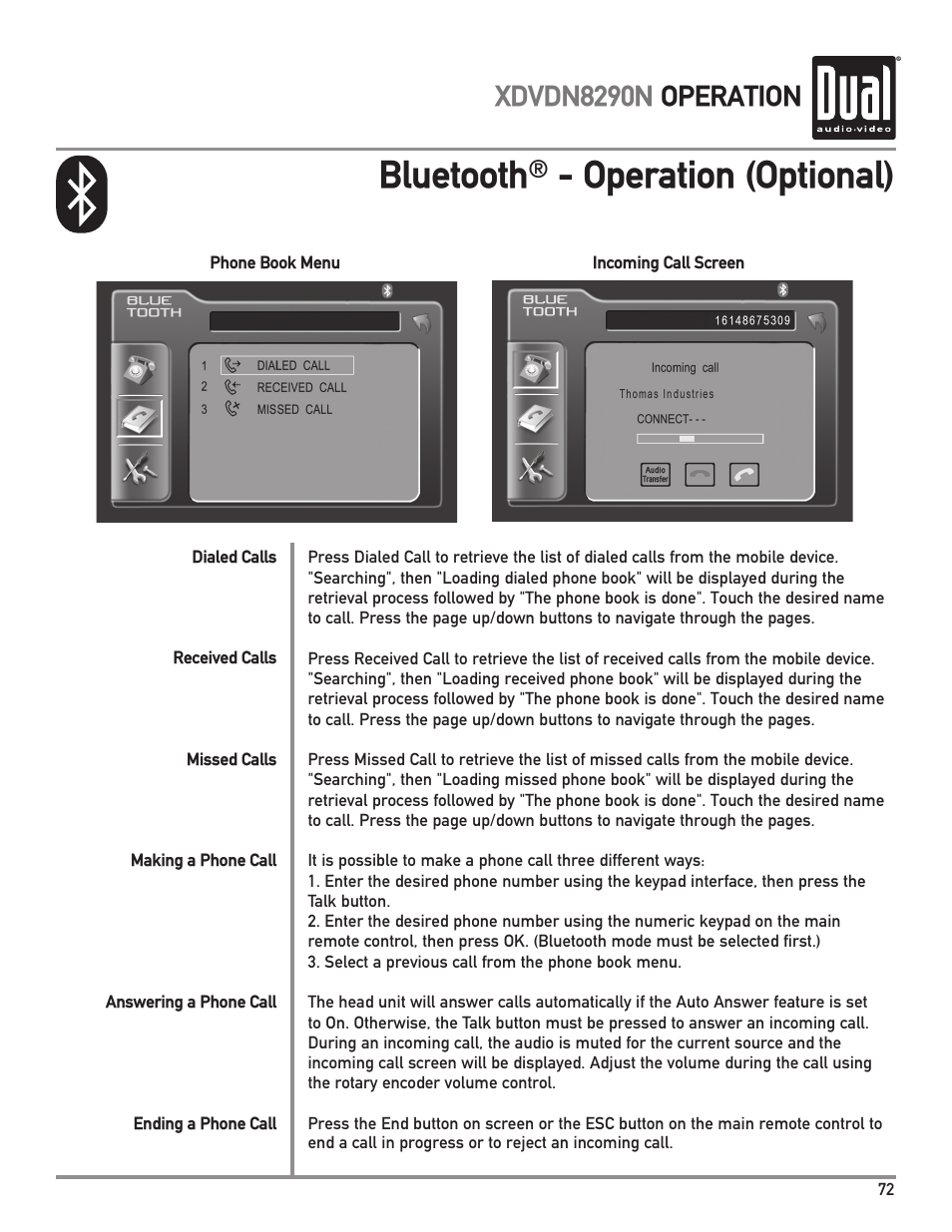 Bluetooth, Operation (optional), Xdvdn8290n operation | Dual Electronics XDVDN8290N User Manual | Page 73 / 88