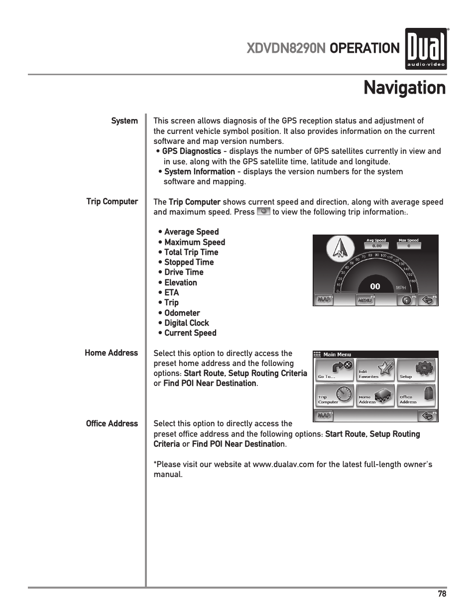 Navigation, Xdvdn8290n operation | Dual Electronics XDVDN8290N User Manual | Page 79 / 88