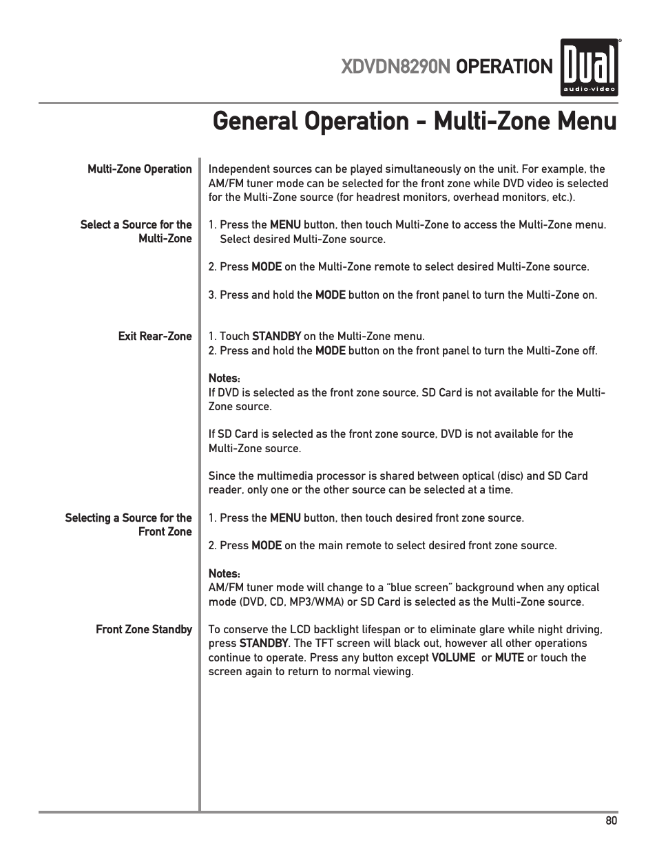 General operation - multi-zone menu, Xdvdn8290n operation | Dual Electronics XDVDN8290N User Manual | Page 81 / 88