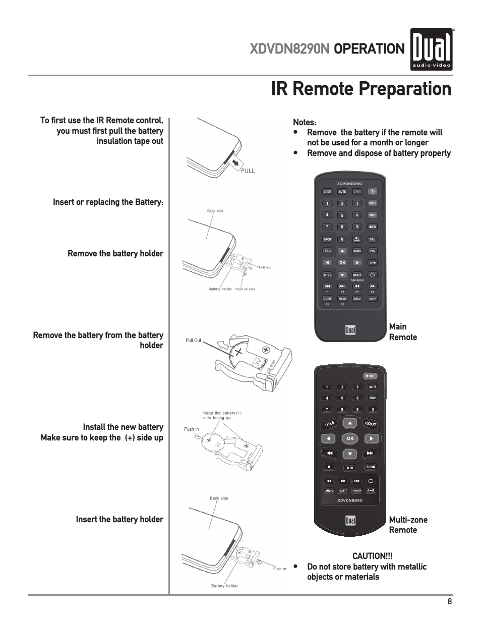 Ir remote preparation, Xdvdn8290n operation | Dual Electronics XDVDN8290N User Manual | Page 9 / 88