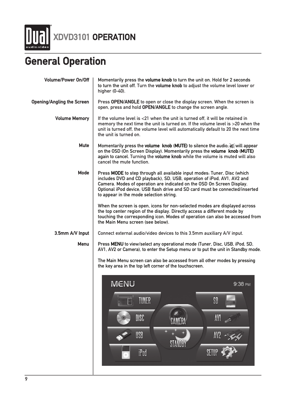 General operation, Xdvd3101 operation | Dual Electronics XDVD3101 User Manual | Page 10 / 40