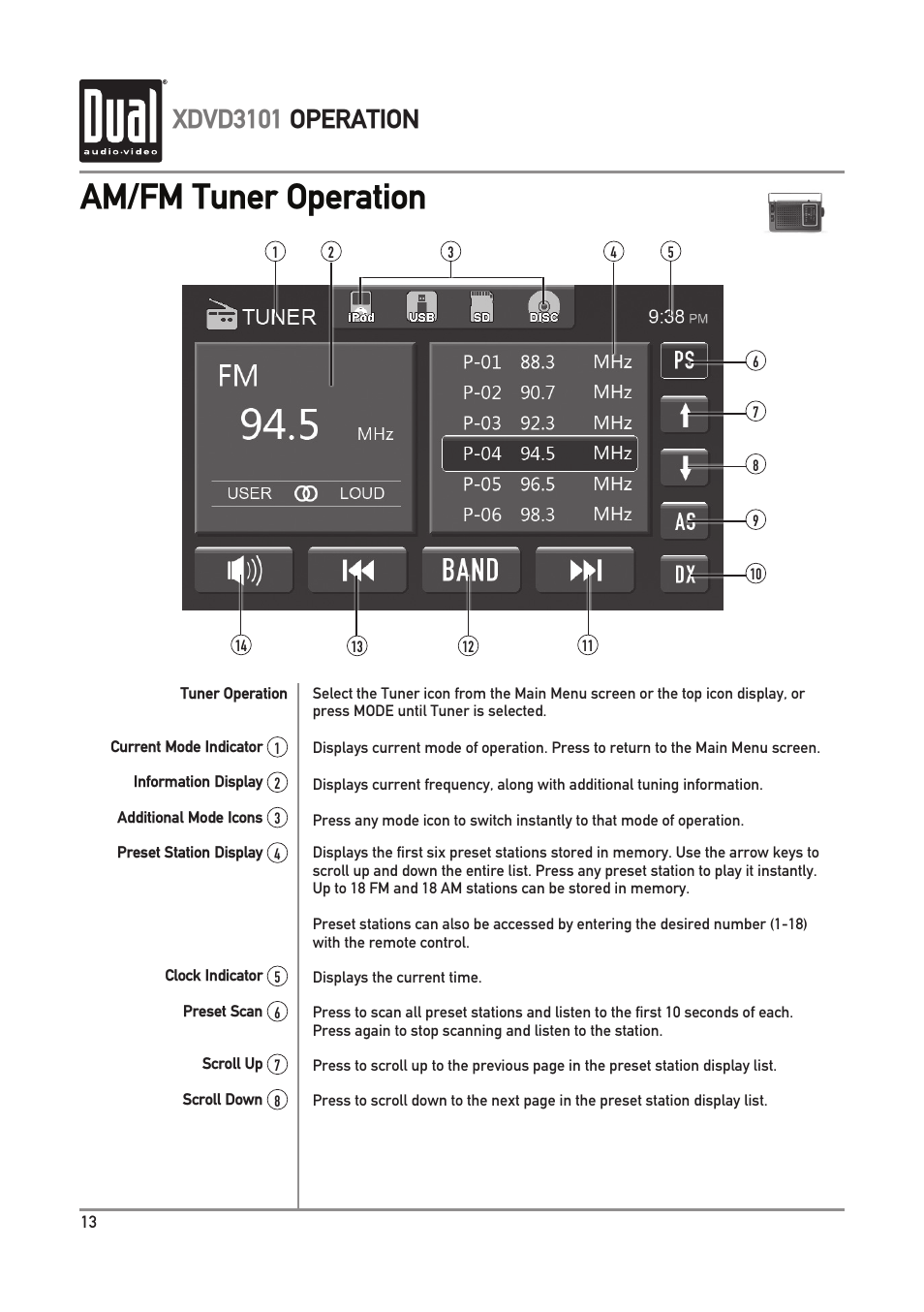Am/fm tuner operation, Xdvd3101 operation | Dual Electronics XDVD3101 User Manual | Page 14 / 40