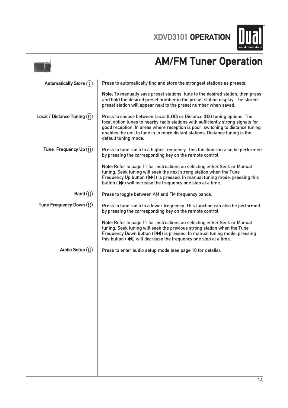 Am/fm tuner operation, Xdvd3101 operation | Dual Electronics XDVD3101 User Manual | Page 15 / 40