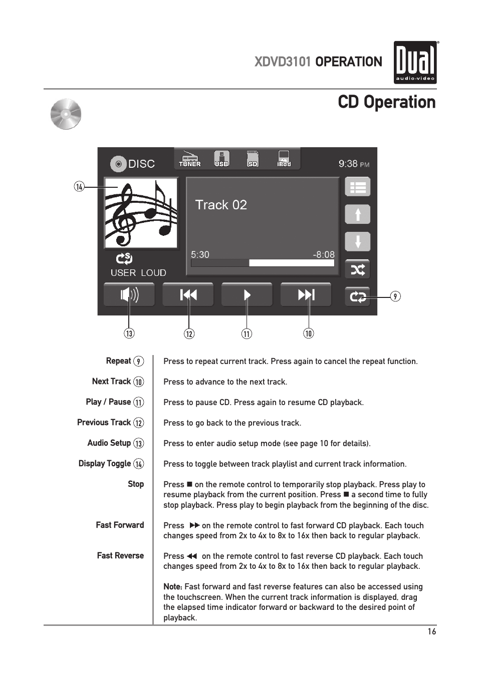 Cd operation, Xdvd3101 operation | Dual Electronics XDVD3101 User Manual | Page 17 / 40