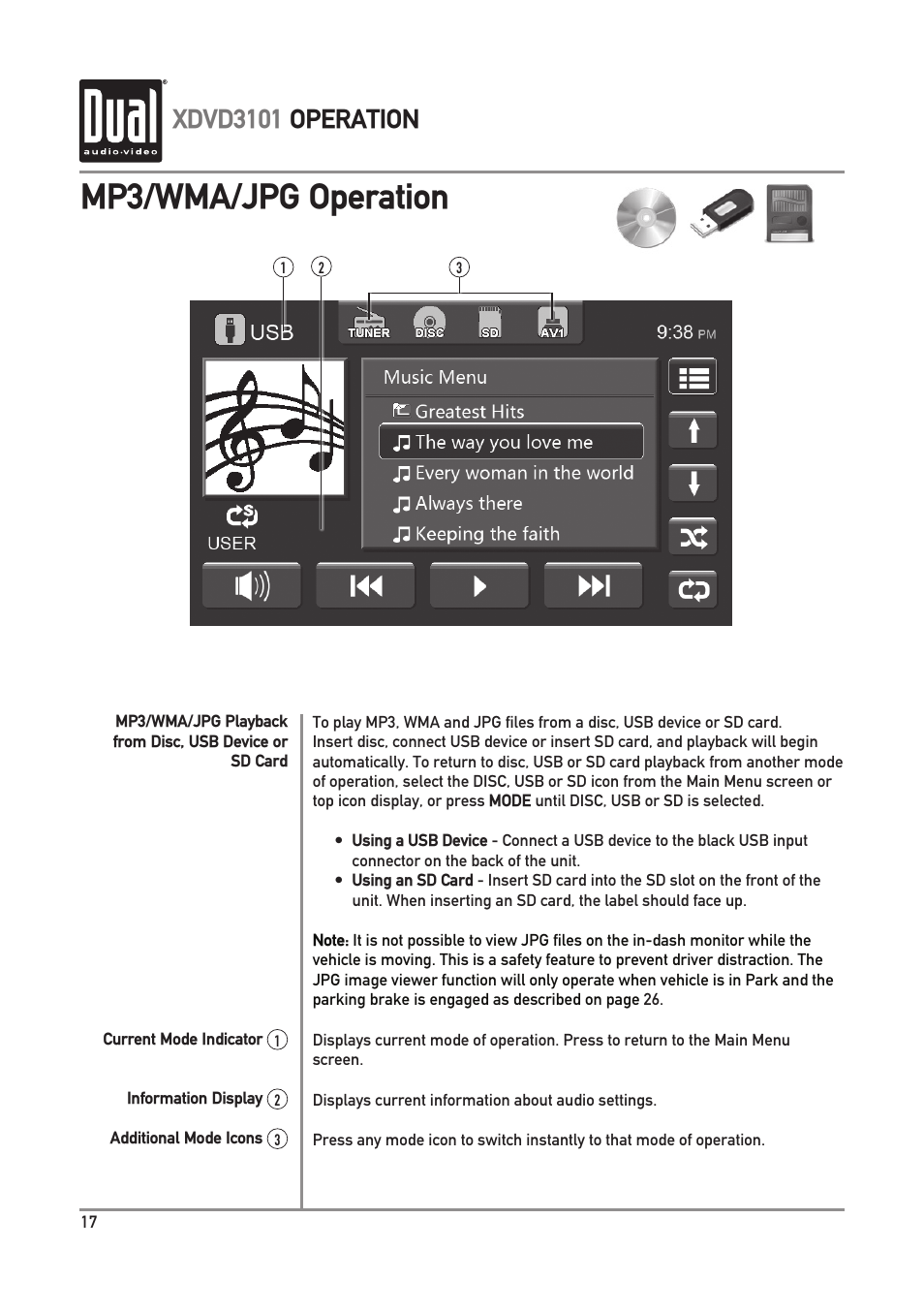 Mp3/wma/jpg operation, Xdvd3101 operation | Dual Electronics XDVD3101 User Manual | Page 18 / 40