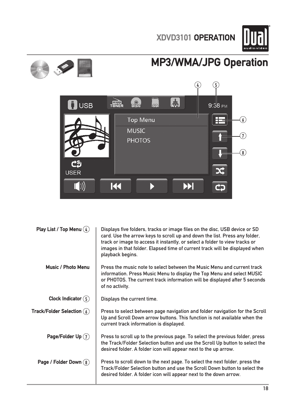 Mp3/wma/jpg operation, Xdvd3101 operation | Dual Electronics XDVD3101 User Manual | Page 19 / 40