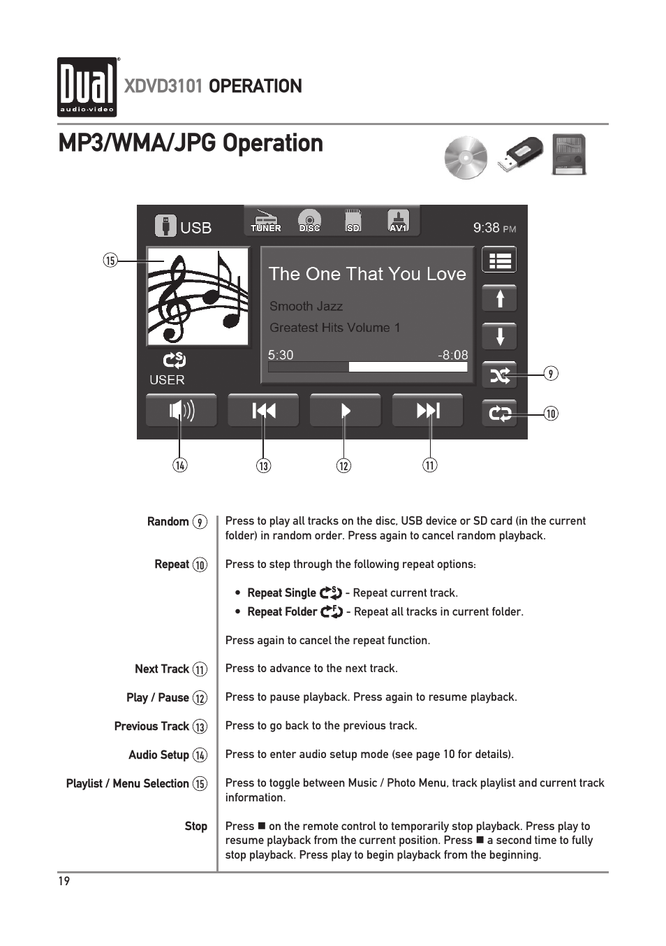 Mp3/wma/jpg operation, Xdvd3101 operation | Dual Electronics XDVD3101 User Manual | Page 20 / 40