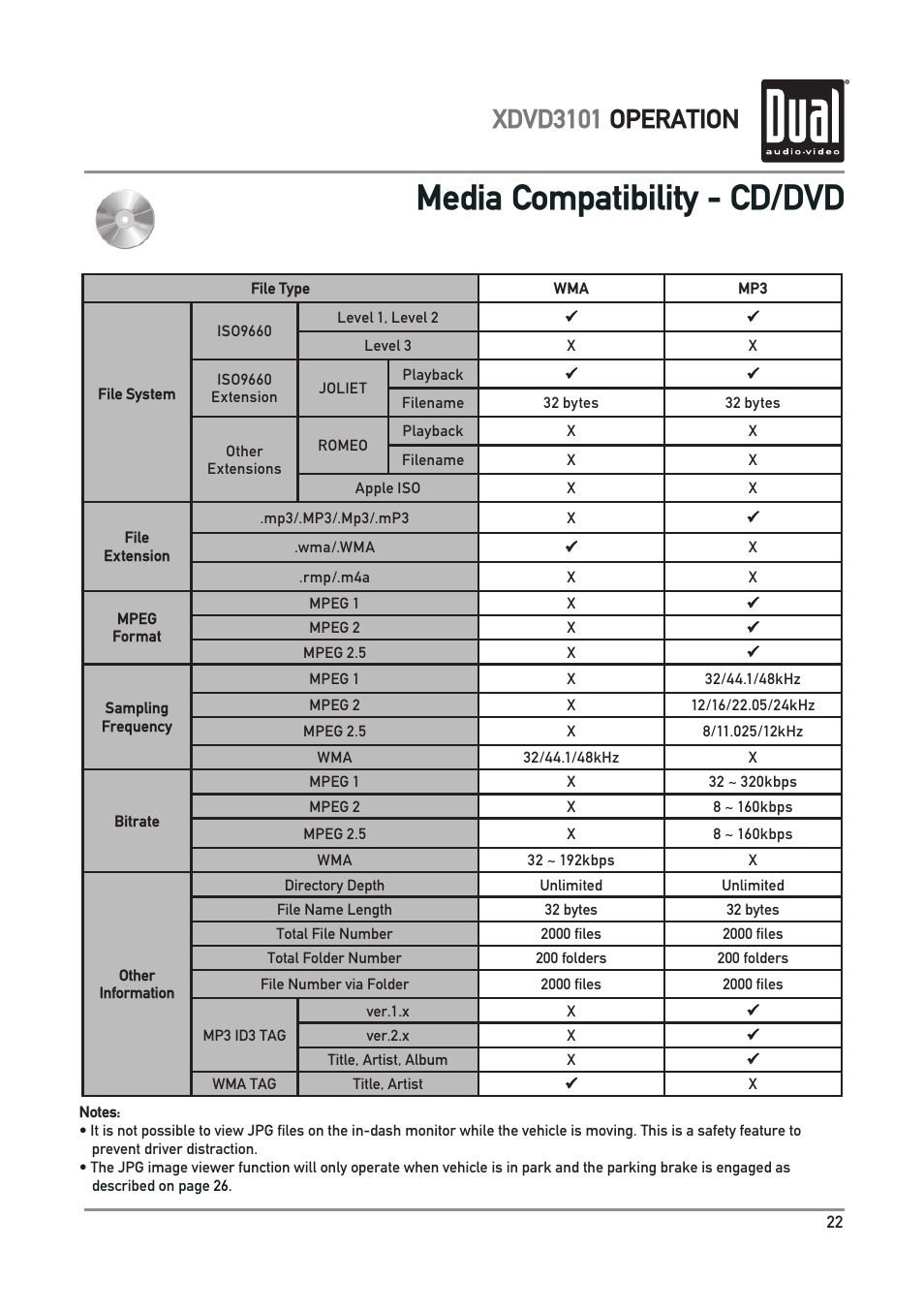 Media compatibility - cd/dvd, Xdvd3101 operation | Dual Electronics XDVD3101 User Manual | Page 23 / 40