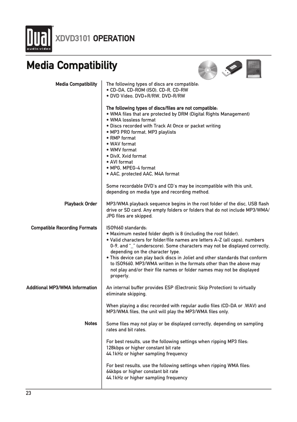 Media compatibility, Xdvd3101 operation | Dual Electronics XDVD3101 User Manual | Page 24 / 40