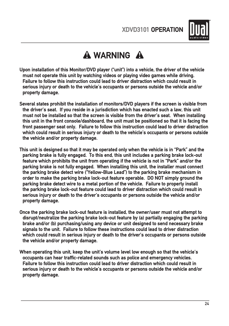 Warning, Xdvd3101 operation | Dual Electronics XDVD3101 User Manual | Page 25 / 40