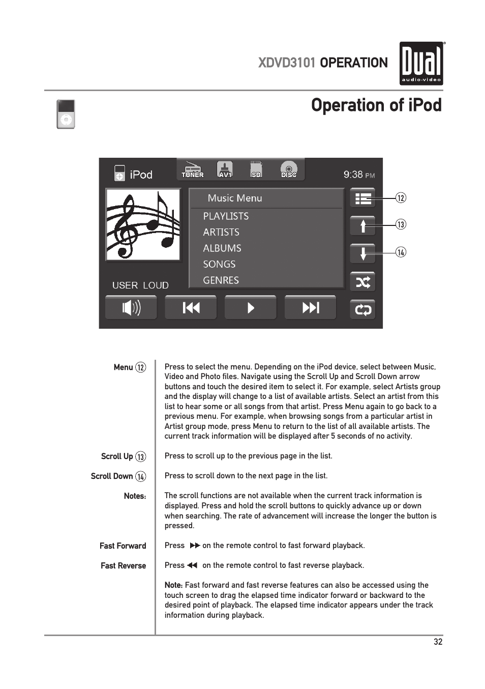 Operation of ipod, Xdvd3101 operation | Dual Electronics XDVD3101 User Manual | Page 33 / 40